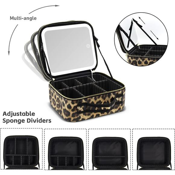 Leopard Makeup Bag Light Up Mirror Travel Cosmetic Brush Organizer Storage Box - Picture 2 of 5